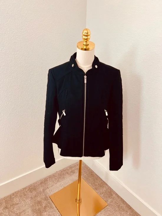 Blanc Noir Black Moto Jacket Peplum Zip Front Fitted Size M Chic - Picture 4 of 14
